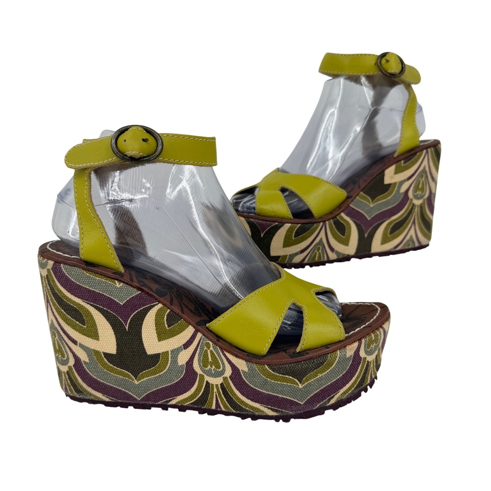 Fly London Yasi Platform Wedge Sandals Womens 39 Green Paisley Leather Buckle